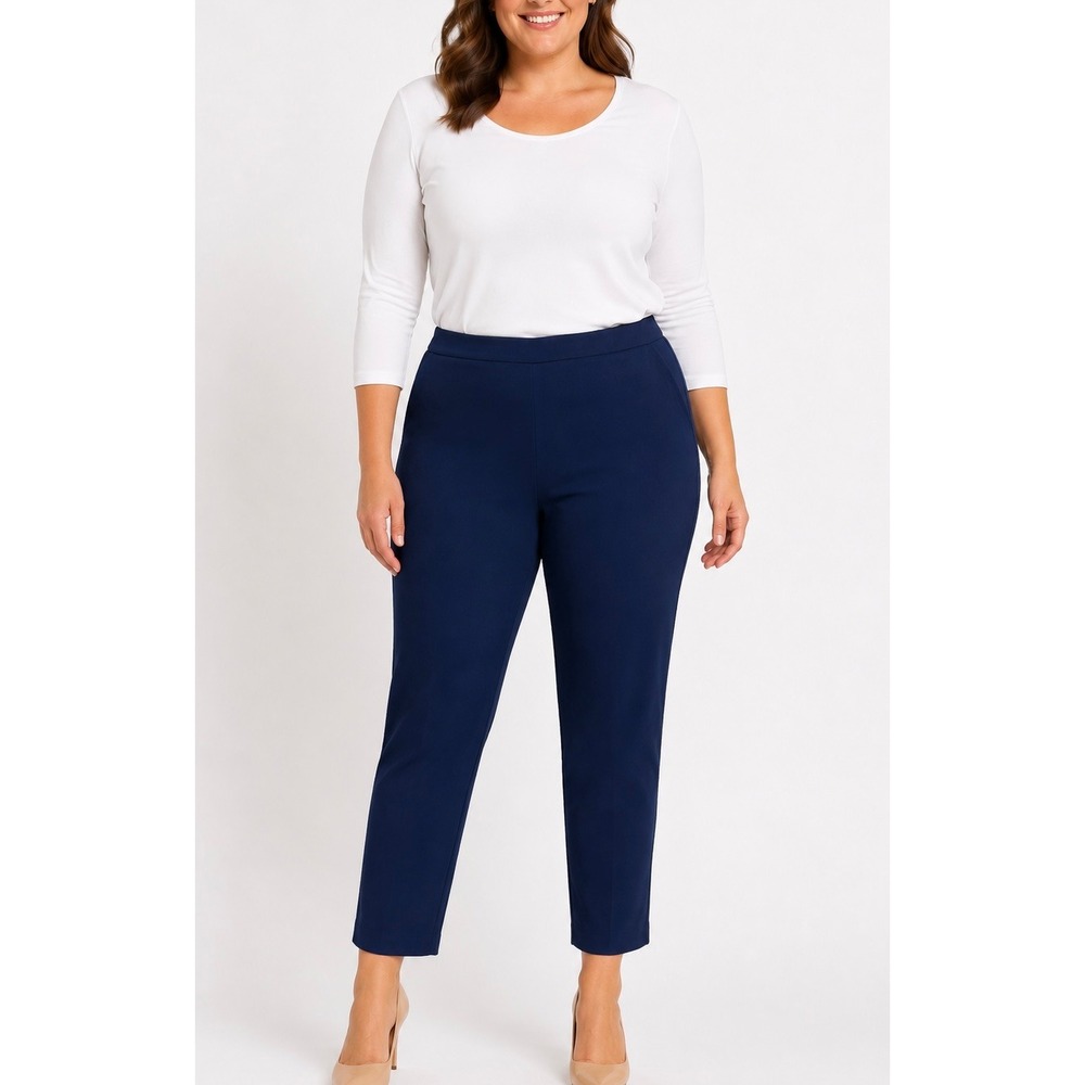 Susan Graver Crop Pants Women 14 Blue Liquid Knit Side Zip Career Trousers Style